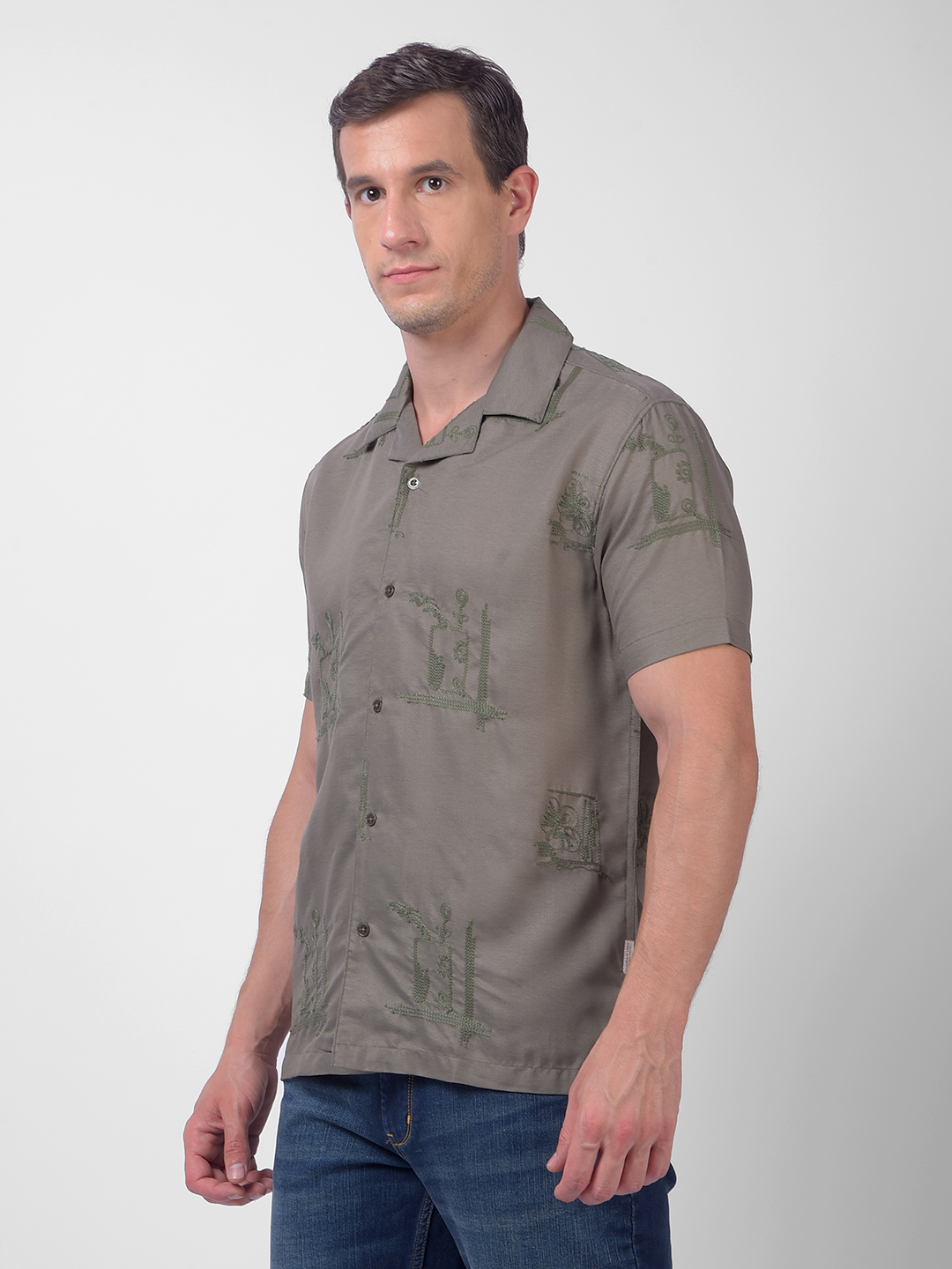 Numero Uno Men Olive Green Embroidered Resort Collar Shirt
